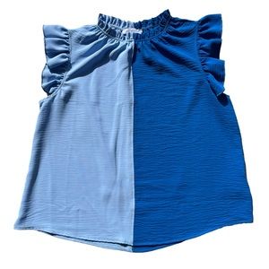 Ces Femme Women’s Large Blue Color-block Ruffle Sleeveless Polyester Tank Blouse